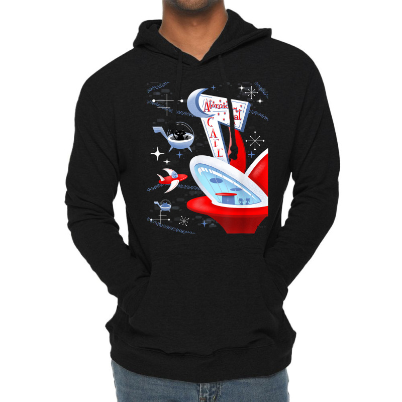 Funny Atomic Cat Cafe Retro Futuristic Spaceport Mid Century T Shirt Lightweight Hoodie | Artistshot