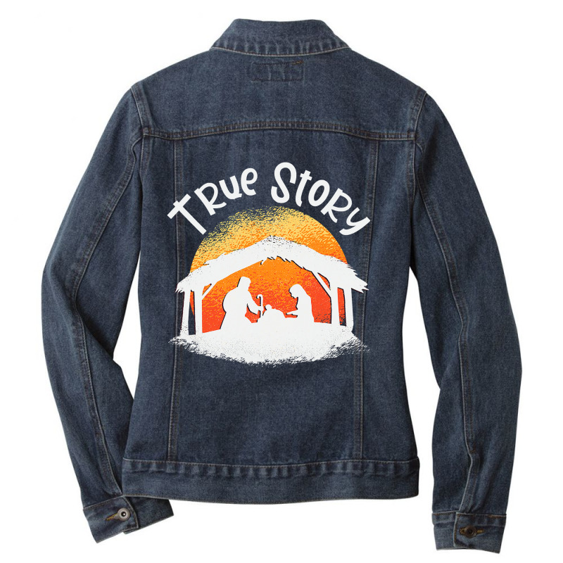 Christian True Story Of Jesus Birth Nativity Christians Christmas 120 Ladies Denim Jacket by hopelessoon | Artistshot