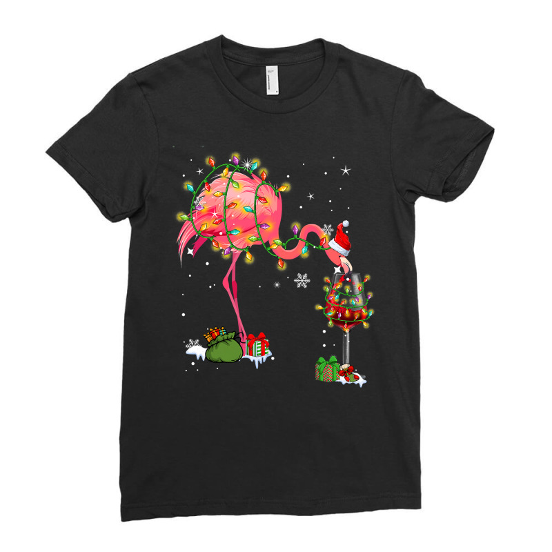 Flamingo Tropical Funny Flamingo Drinking Wine On Christmas Xmas Pajam Ladies Fitted T-Shirt by hopelessoon | Artistshot