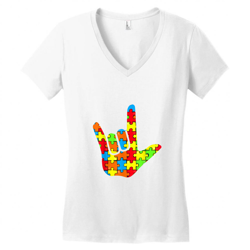 Asl Love Sign Language Autism Gift Awareness Support Women's V-Neck T-Shirt by komporgass | Artistshot