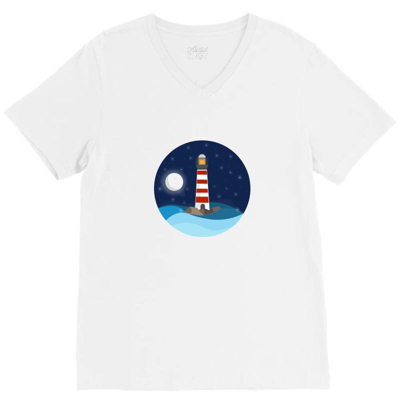 Illustration Of A Seascape And A Lighthouse At Night V-neck Tee | Artistshot