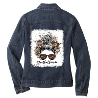 Football Mom Life Player With Leopard And Messy Bun Bleached 17 Ladies Denim Jacket | Artistshot