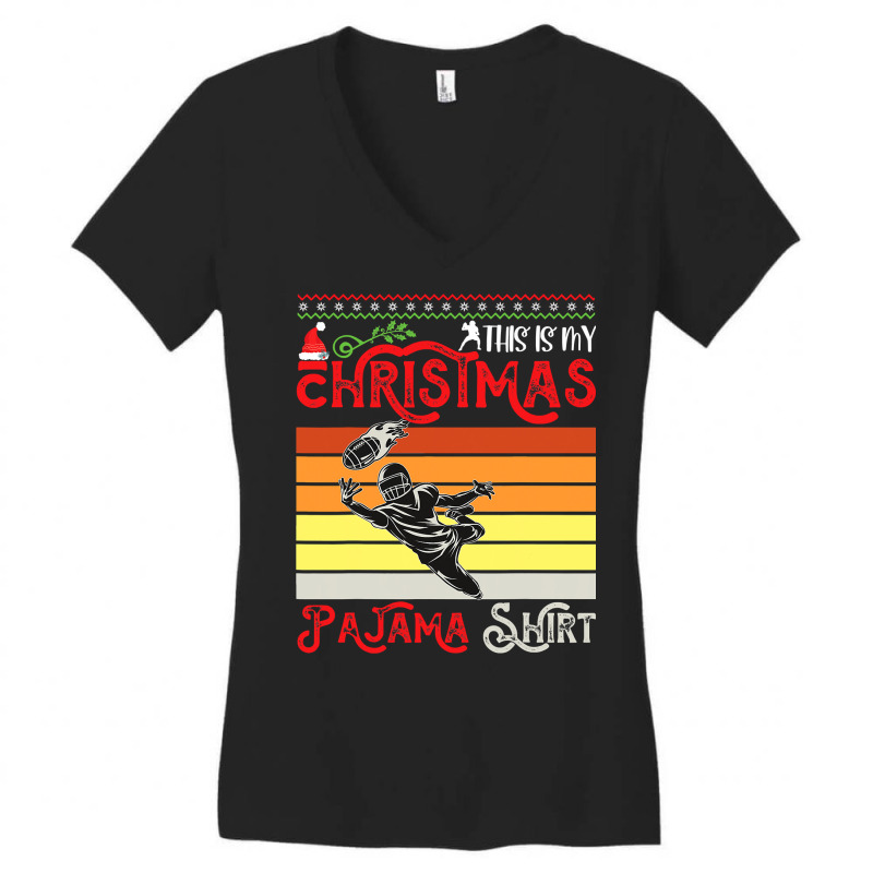 Football Christmas Pajama Merican Football Ball Santa Hat Funny Sport Women's V-Neck T-Shirt by hopelessoon | Artistshot