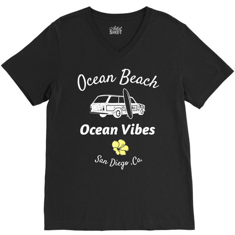 Ocean Vibes Ocean Beach San Diego Woody Station Wagon Premium T Shirt V-Neck Tee by johnjosephmenk | Artistshot