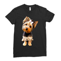 Dog Yorkshire Terrier Cute Yorkie With A Bow Puppy Animal Paw Ladies Fitted T-shirt | Artistshot