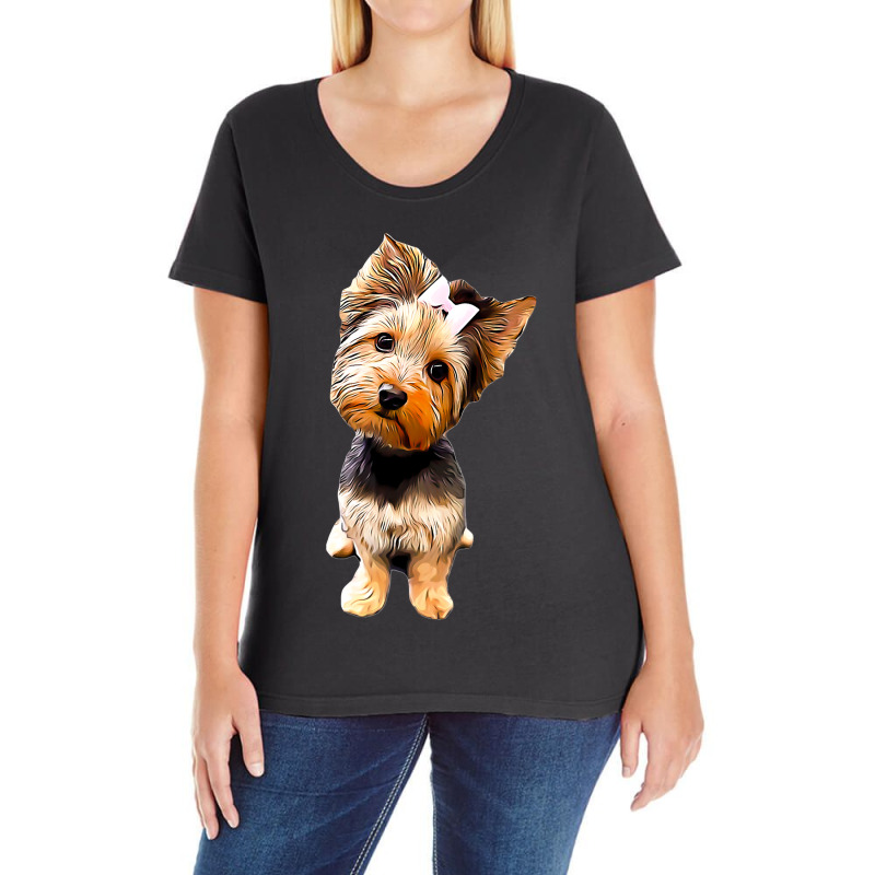 Dog Yorkshire Terrier Cute Yorkie With A Bow Puppy Animal Paw Ladies Curvy T-Shirt by peafowl | Artistshot