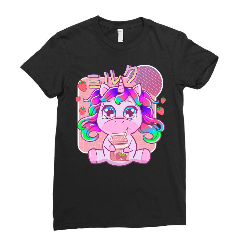 Unicorn Lover Pony Funny Kawaii Unicorn Strawberry Milk Shake Japanese Ladies Fitted T-Shirt by peafowl | Artistshot