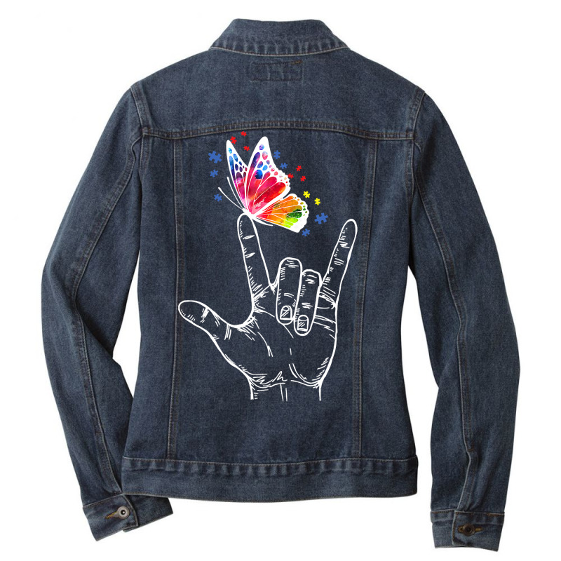 I Love You Hand Sign Language Butterfly Autism Awareness T Shirt Ladies Denim Jacket by HUUY | Artistshot