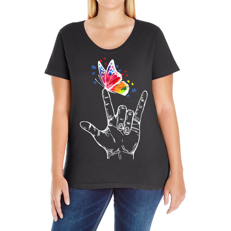 I Love You Hand Sign Language Butterfly Autism Awareness T Shirt Ladies Curvy T-Shirt by HUUY | Artistshot