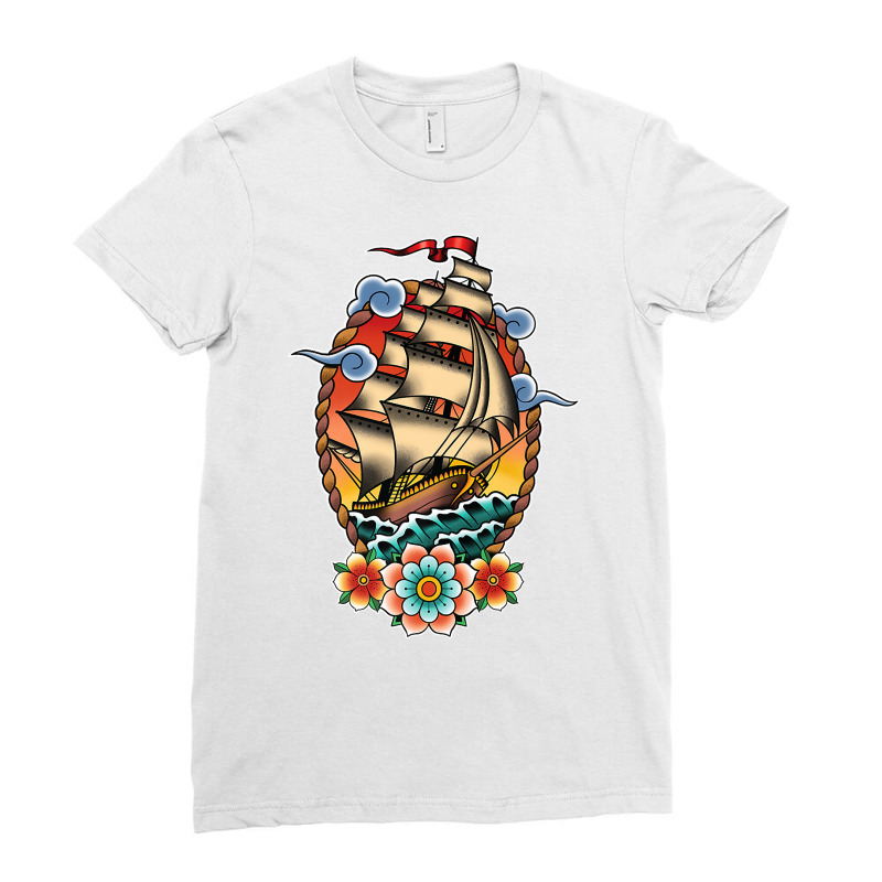 Old School American Traditional Tattoo Flash Clipper Ship Premium T Sh Ladies Fitted T-Shirt by johnjosephmenk | Artistshot