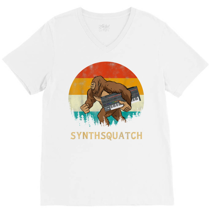 Synthsquatch Bigfoot Holding Synthesizer Synthesiser Design T Shirt V-neck Tee | Artistshot