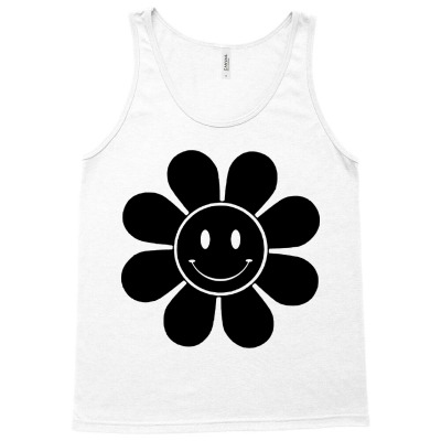 Orange 70s Retro Funky Flower With A Yellow Smiley Face Tank Top Designed By Bull Tees