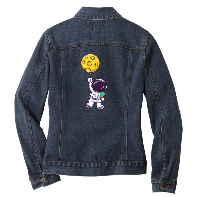 Cute Astronaut Floating With Moon Balloon Ladies Denim Jacket | Artistshot