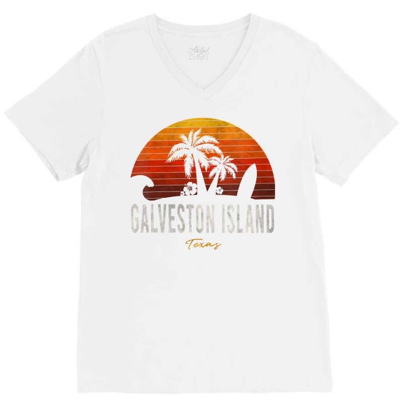 Womens Galveston Island Tx Texas Beach Palms Vacation Surf Sundown V N V-Neck Tee by caroldian | Artistshot