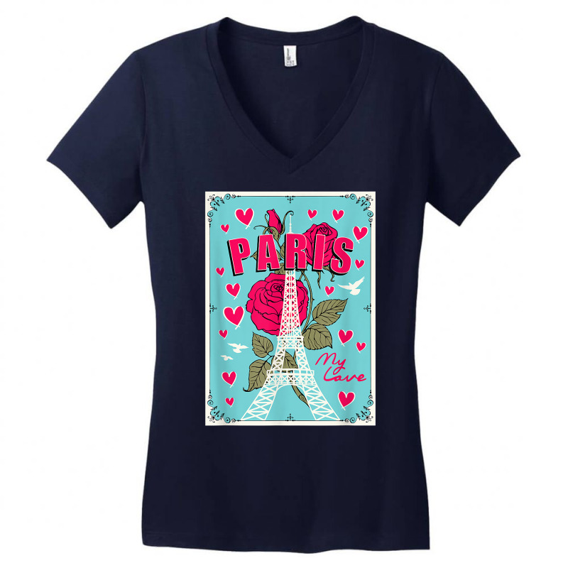 Lovely Paris France Eiffel Tower With Roses Illustration T Shirt Women's V-Neck T-Shirt by kasaqcsegurc | Artistshot