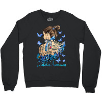 Diabetes Diabetic Messy Bun Hair Women Blue Butterfly 60 Diabetes Awar Crewneck Sweatshirt | Artistshot