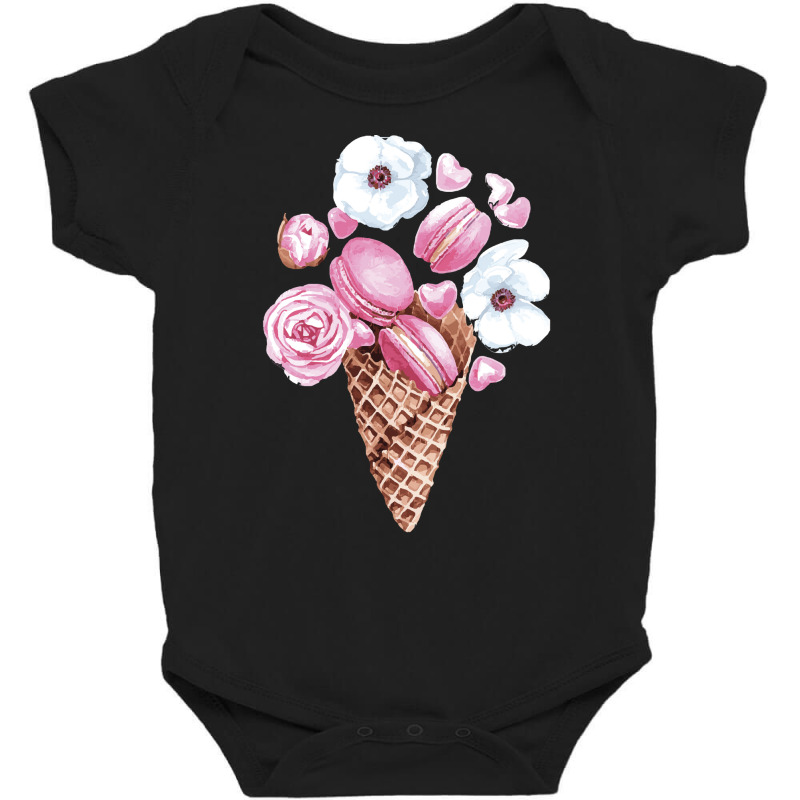 Pink Floral Macaron Ice Cream Cone T  Shirt Pink Floral Macaron Cone B Baby Bodysuit by salesmanhuh | Artistshot