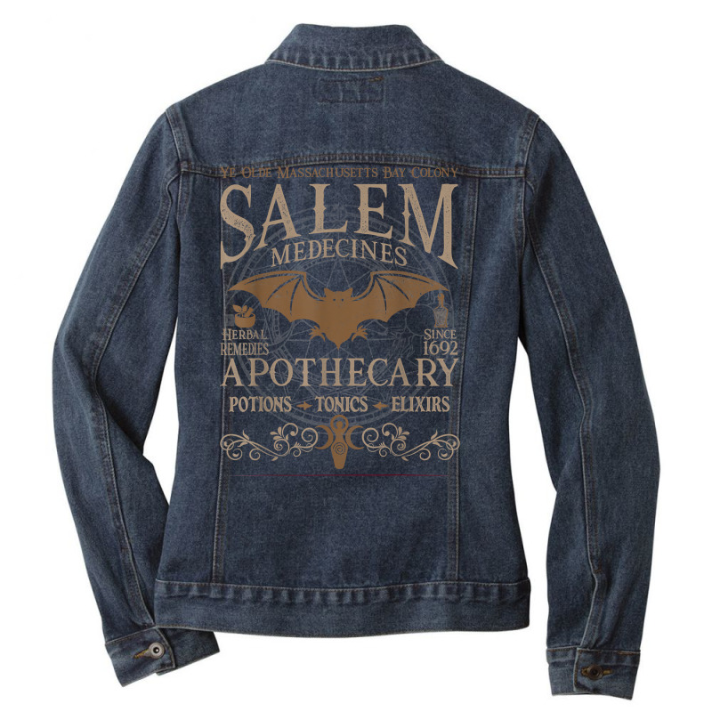 Salem Apothecary Herbalist Witch Wiccan Halloween  Beige T Shirt Ladies Denim Jacket by caroldian | Artistshot