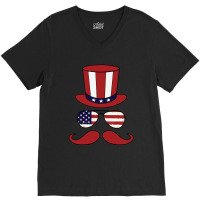 Top Hat - Sunglasses - Mustache - American Flag Patriotic V-neck Tee | Artistshot