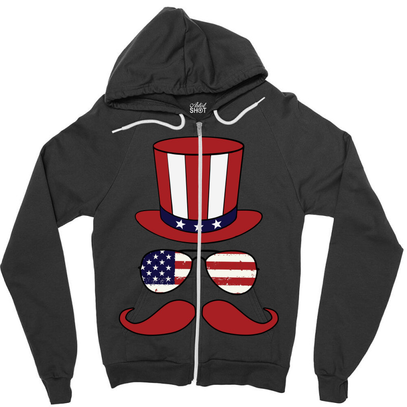 Top Hat - Sunglasses - Mustache - American Flag Patriotic Zipper Hoodie | Artistshot