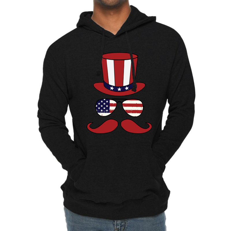 Top Hat - Sunglasses - Mustache - American Flag Patriotic Lightweight Hoodie | Artistshot