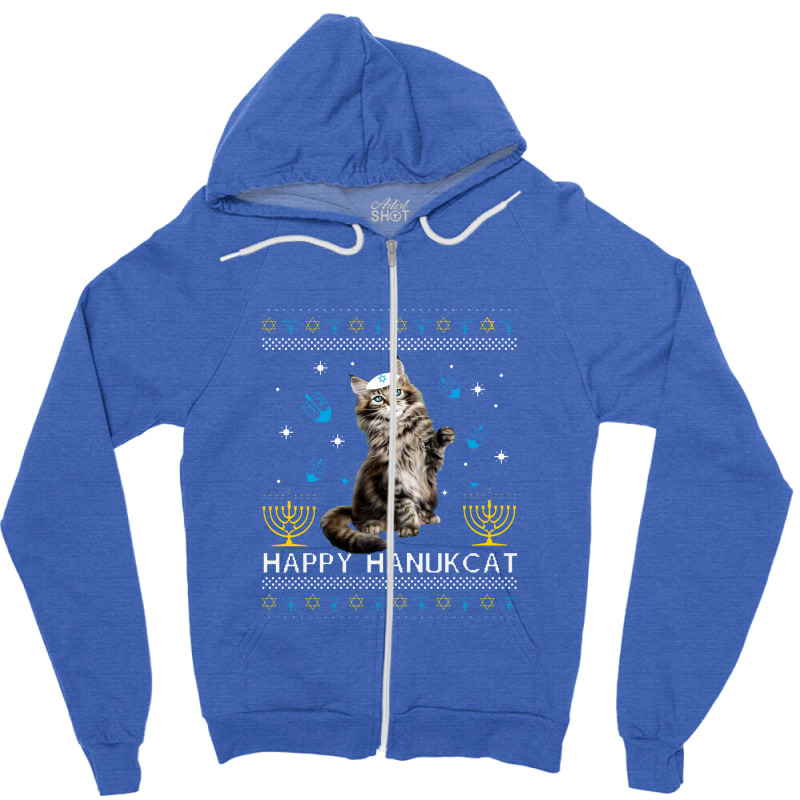 Happy Hanukcat Ugly Hanukkah Sweater Maine Coon Cat Jewish Zipper Hoodie by celanasubek | Artistshot