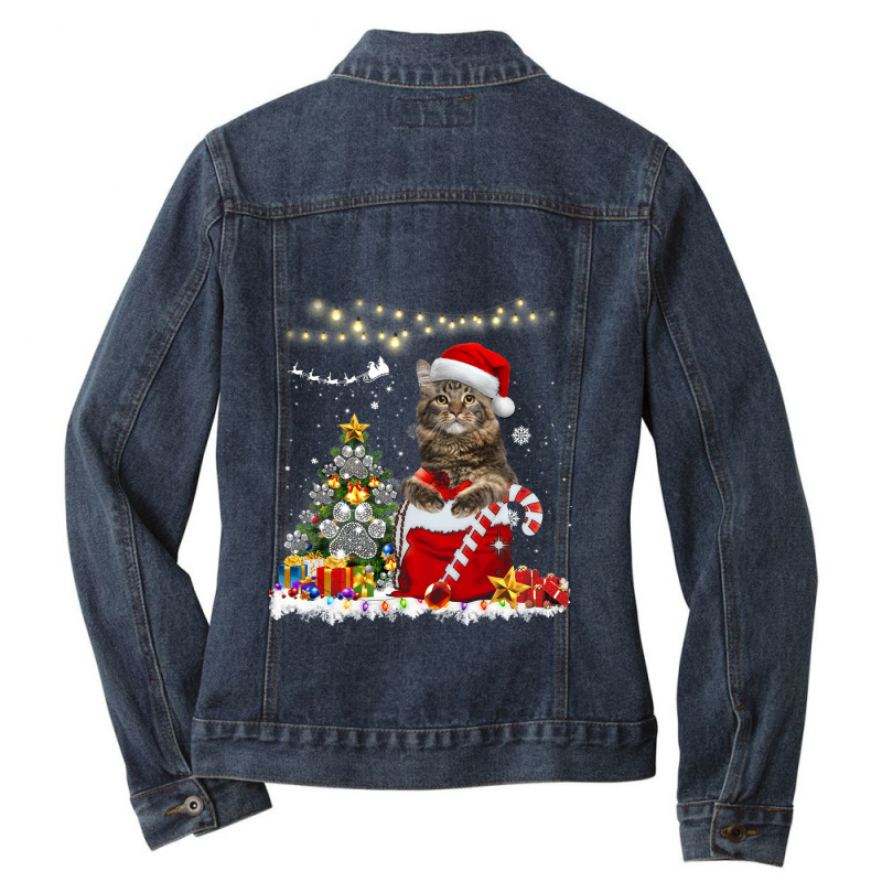 Black Cat Kitty Maine Coon Merry Christmas Kitten Cat Ladies Denim Jacket by golferu | Artistshot