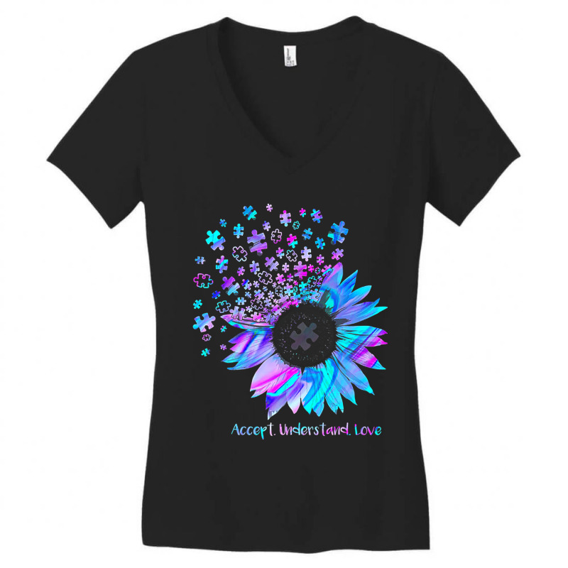 Accept Understand Love Sunflower Funny Autism Awareness Women's V-Neck T-Shirt by mrlee | Artistshot