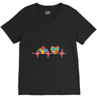 Autism Puzzle Heartbeat Autism Awareness Rainbow Ribbon V-neck Tee | Artistshot