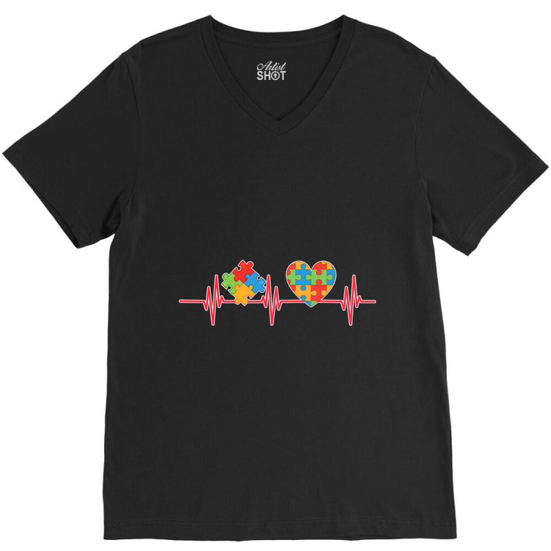 Autism Puzzle Heartbeat Autism Awareness Rainbow Ribbon V-Neck Tee by mrlee | Artistshot