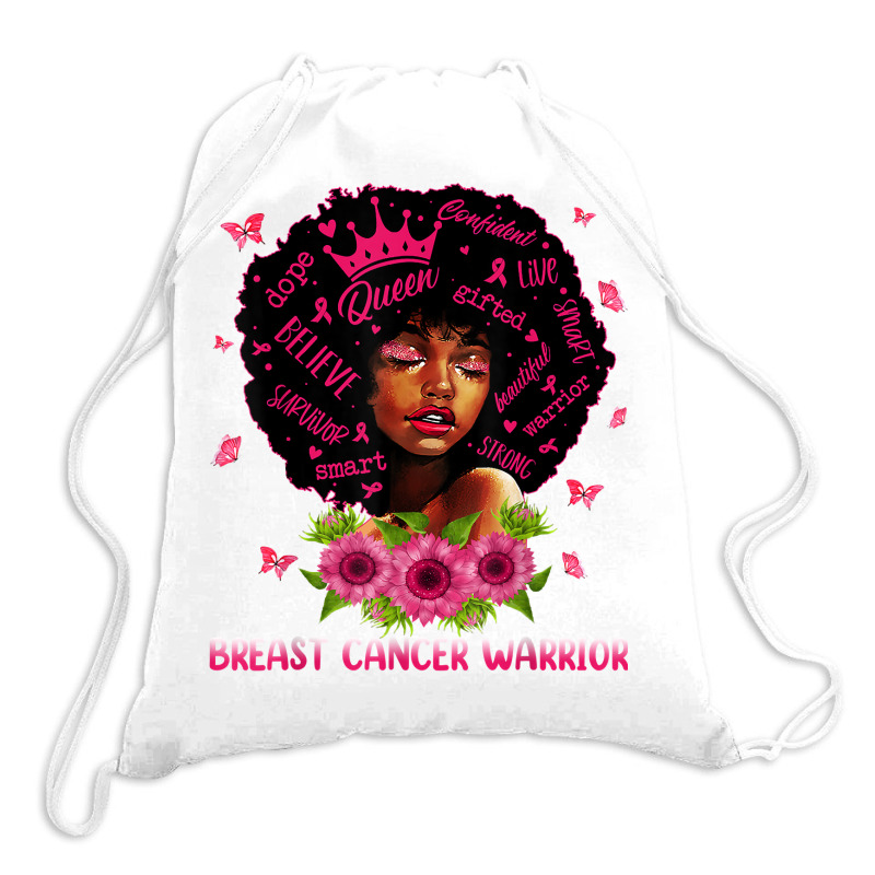 Black Women Black Queen Breast Cancer Warrior Pink Ribbon T Shirt Drawstring Bags | Artistshot