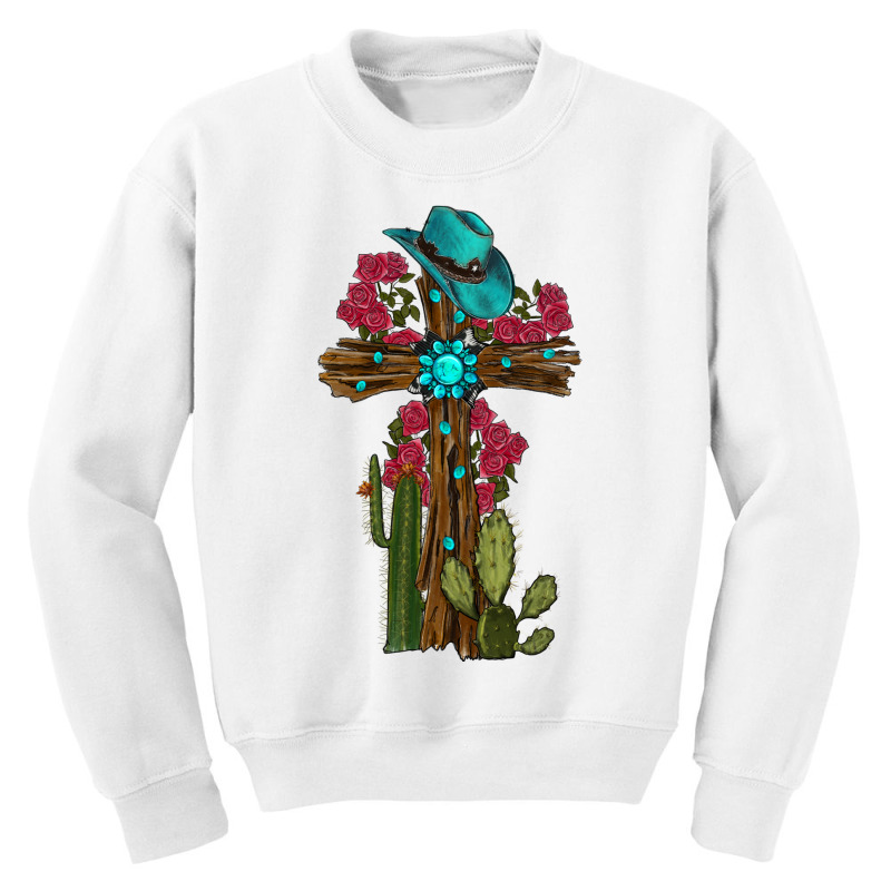 Cross Gemstone Cactus Roses Cowboy Hat Youth Sweatshirt | Artistshot