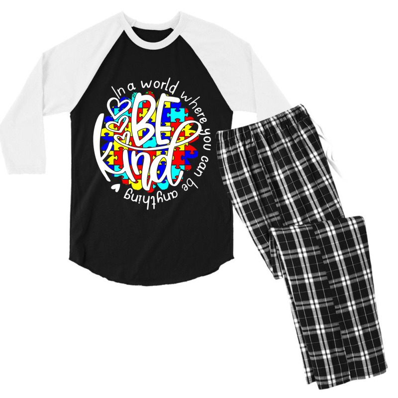 In A World Where You Can Be Anything Be Kind Autism Funny Men's 3/4 Sleeve Pajama Set by Michael	Kilburn | Artistshot