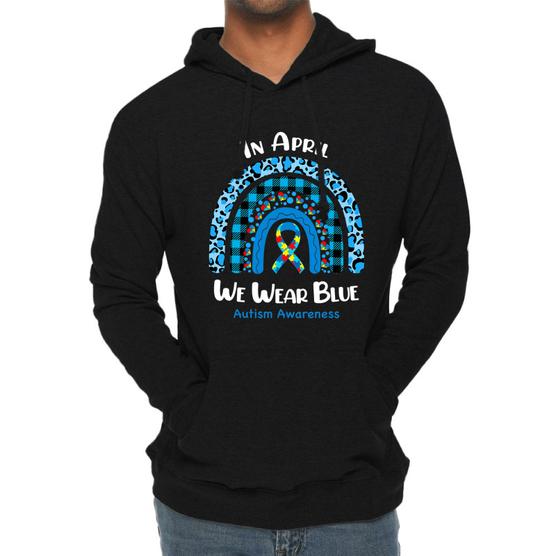 In April We Wear Blue Rainbow Puzzle Autism Awareness Lightweight Hoodie by Michael	Kilburn | Artistshot