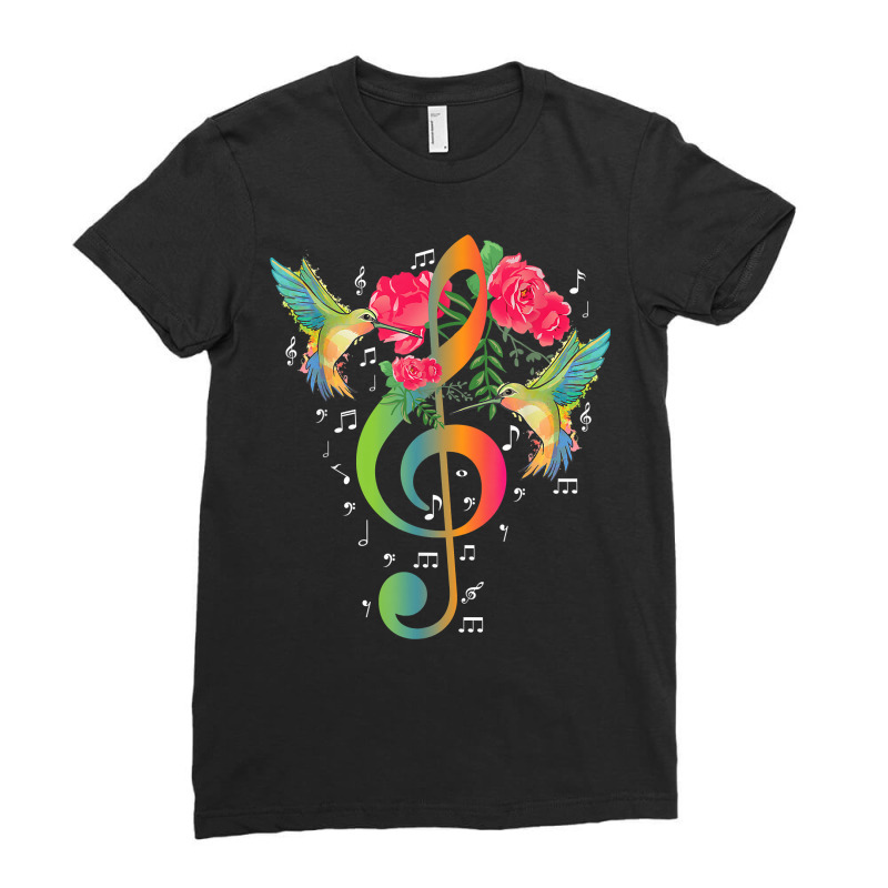 Treble Clef Roses Hummingbird Music Notes Musician T Shirt Ladies Fitted T-Shirt by maionexzweddel1i | Artistshot