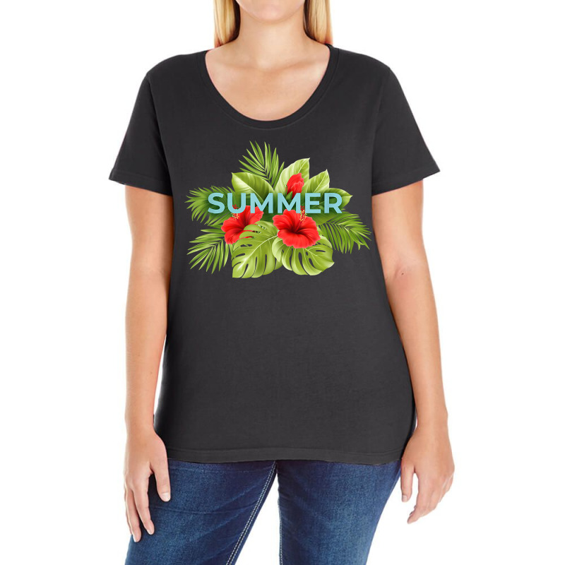 Tropical Hibiscus Floral Flower Palm Leaf Hawaiian Island T Shirt Ladies Curvy T-Shirt by weltzjharrasw | Artistshot