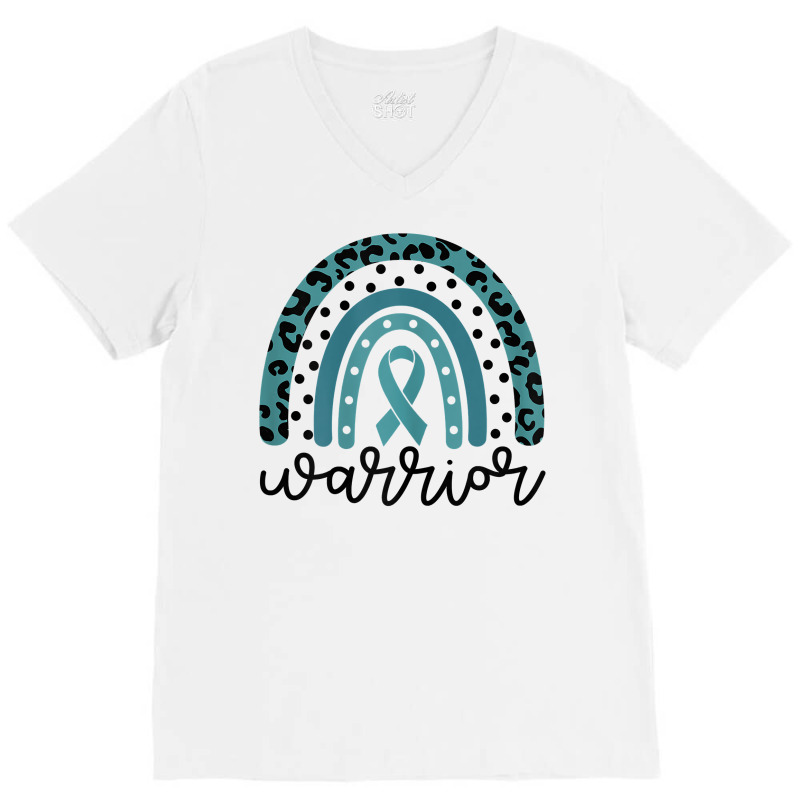 Womens Warrior Cute Teal Rainbow Graphic Ovarian Cancer Awareness T Sh V-neck Tee | Artistshot