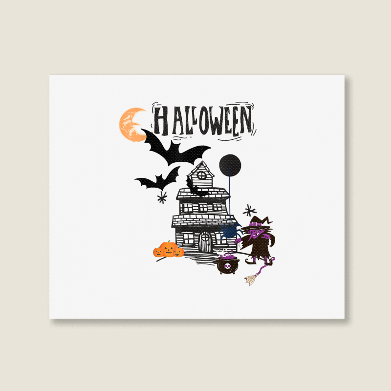 Funny Halloween Witch Haunted Castle, Flying Bats Wicca Tee T Shirt Landscape Canvas Print | Artistshot