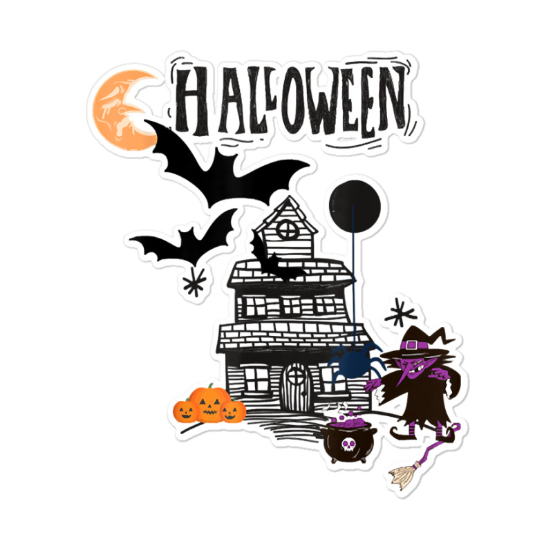 Funny Halloween Witch Haunted Castle, Flying Bats Wicca Tee T Shirt Sticker | Artistshot