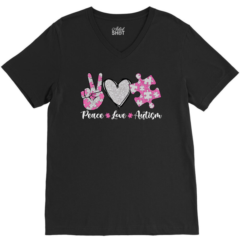 Peace Love Autism Autism Awareness Month Puzzle Heart Love V-Neck Tee by LeiThompson | Artistshot