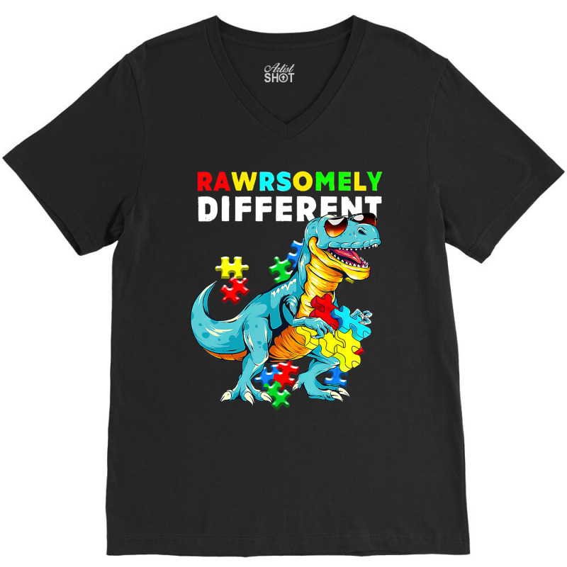 Rawrsomely Different Dinosaur Dino Autism Awareness V-Neck Tee by LeiThompson | Artistshot