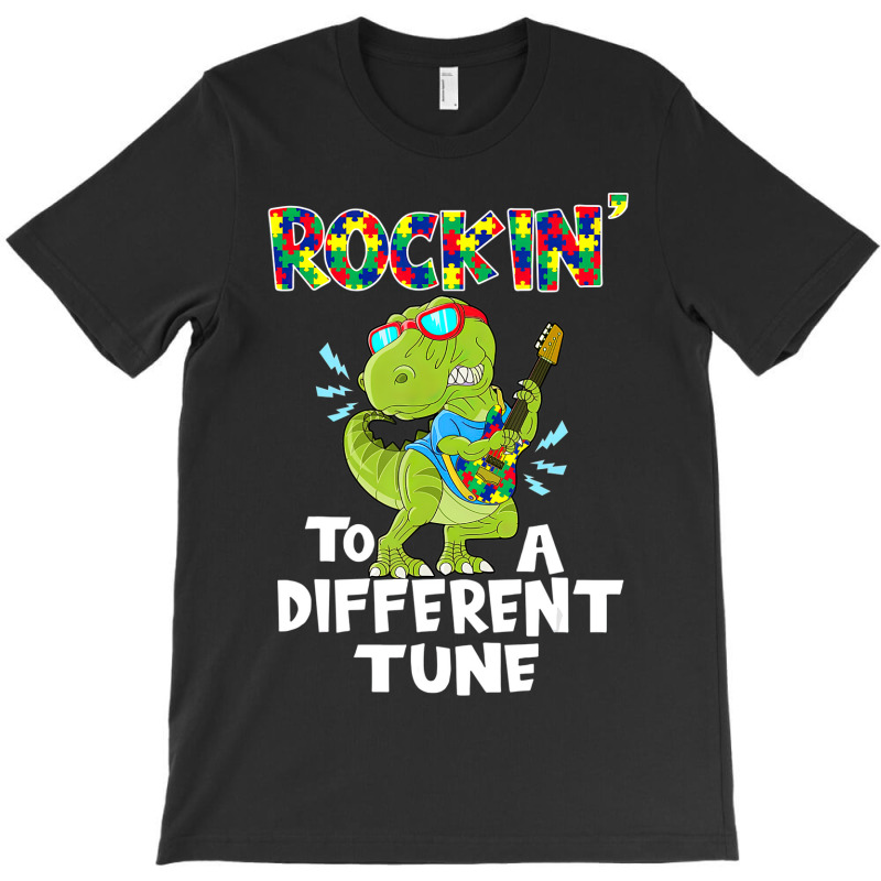 Rockin To A Different Tune Autism Awareness Dinosaur T-Shirt by LeiThompson | Artistshot