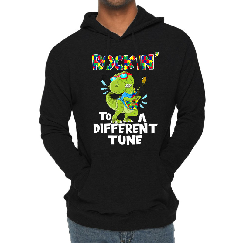 Rockin To A Different Tune Autism Awareness Dinosaur Lightweight Hoodie by LeiThompson | Artistshot