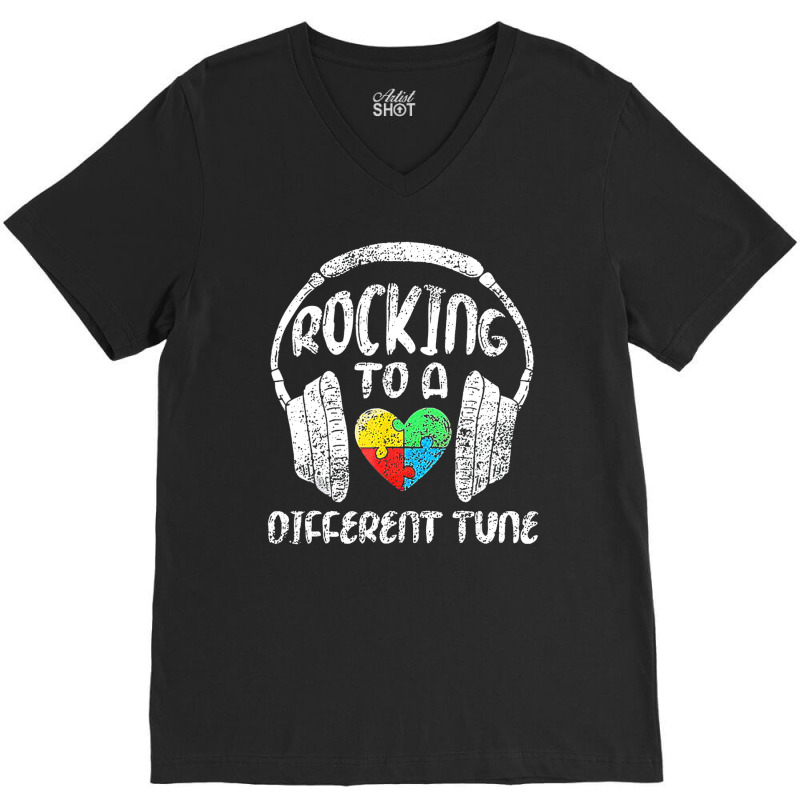 Rocking To A Different Tune Puzzle Piece Autism Awareness V-neck Tee | Artistshot