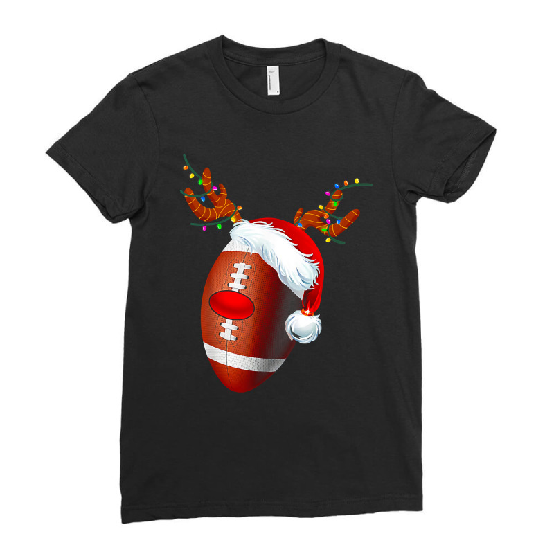 Football Christmas Football Santa Hat Reindeer Red Nose Funny Light 11 Ladies Fitted T-Shirt by golferu | Artistshot