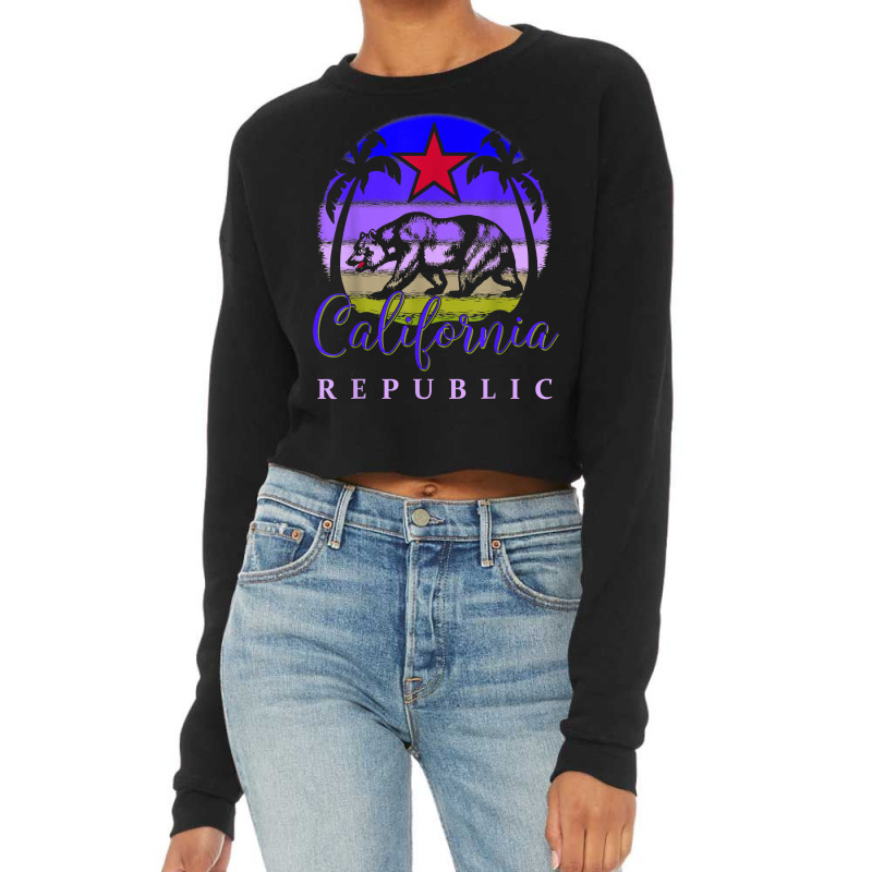 Vintage California Republic Beach Sunset Retro Palm Trees T Shirt Cropped Sweater by rainandehay | Artistshot