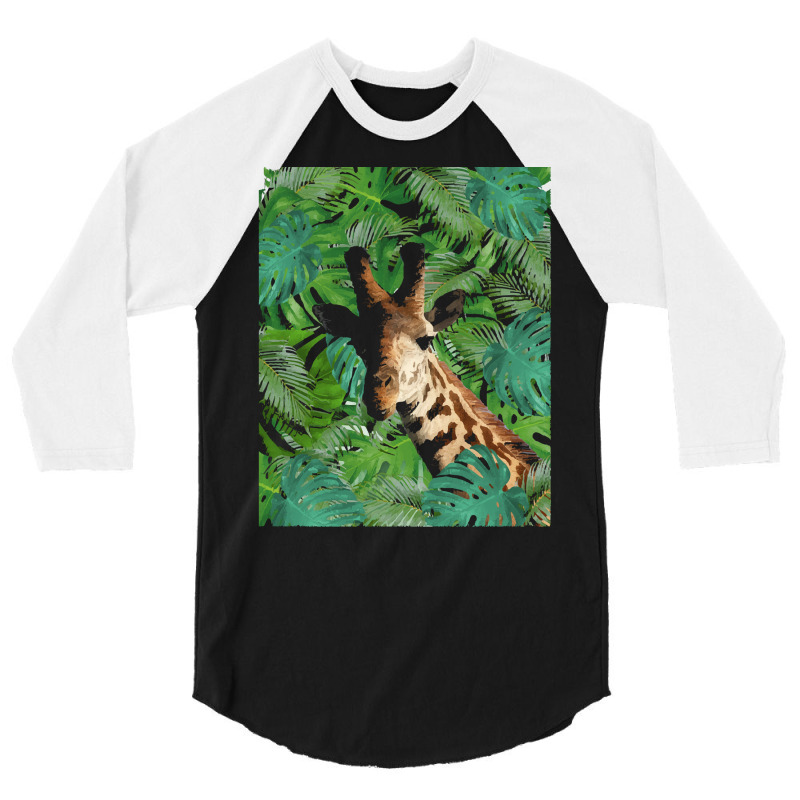 Big Palm Leaves Pattern Blue Color T  Shirt Giraffe Jungle Monstera Pa 3/4 Sleeve Shirt | Artistshot