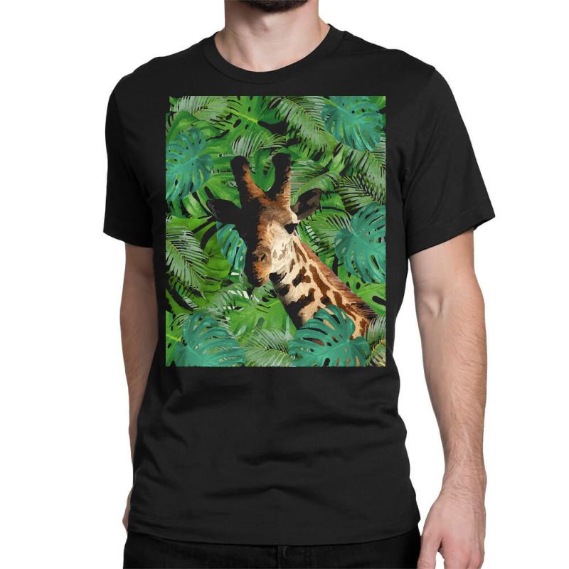 Big Palm Leaves Pattern Blue Color T  Shirt Giraffe Jungle Monstera Pa Classic T-shirt | Artistshot