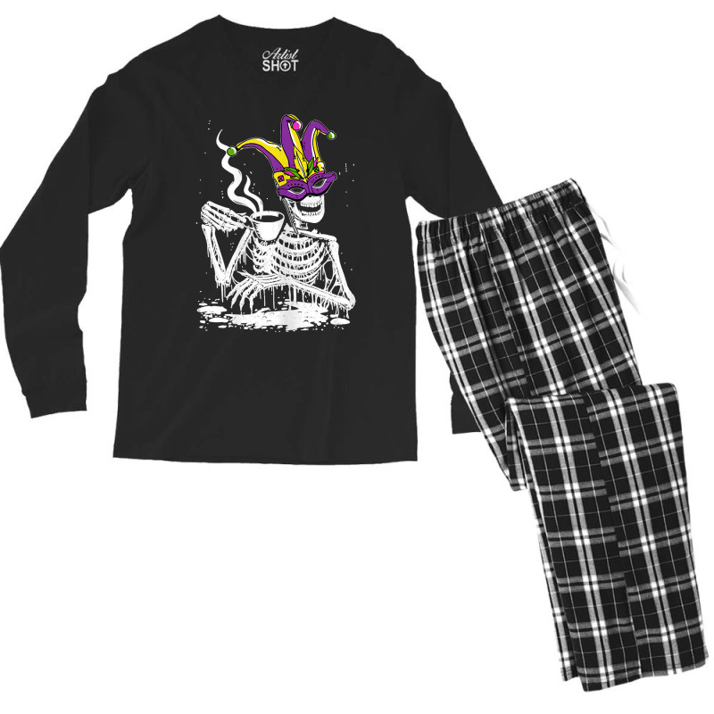 Womens Skeleton Drinking Coffee Mardi Gras Masquerade Parade Party T S Men's Long Sleeve Pajama Set | Artistshot