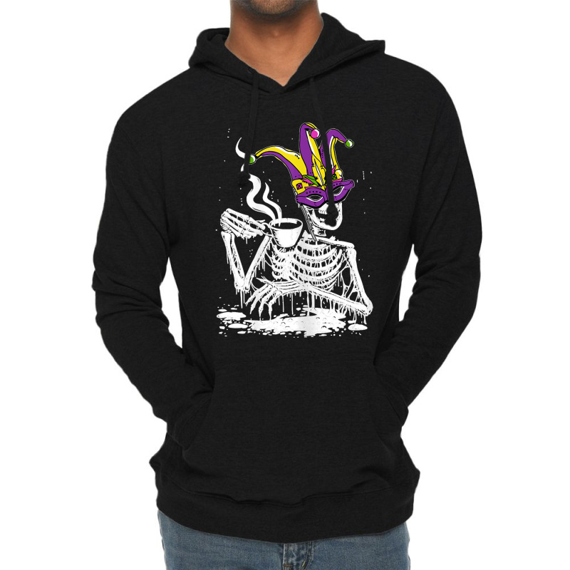 Womens Skeleton Drinking Coffee Mardi Gras Masquerade Parade Party T S Lightweight Hoodie | Artistshot